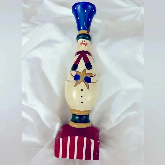 Vintage Candlestick Christmas Snowman Cottagecore Country 90 Wooden Hand Painted - Picture 1 of 11
